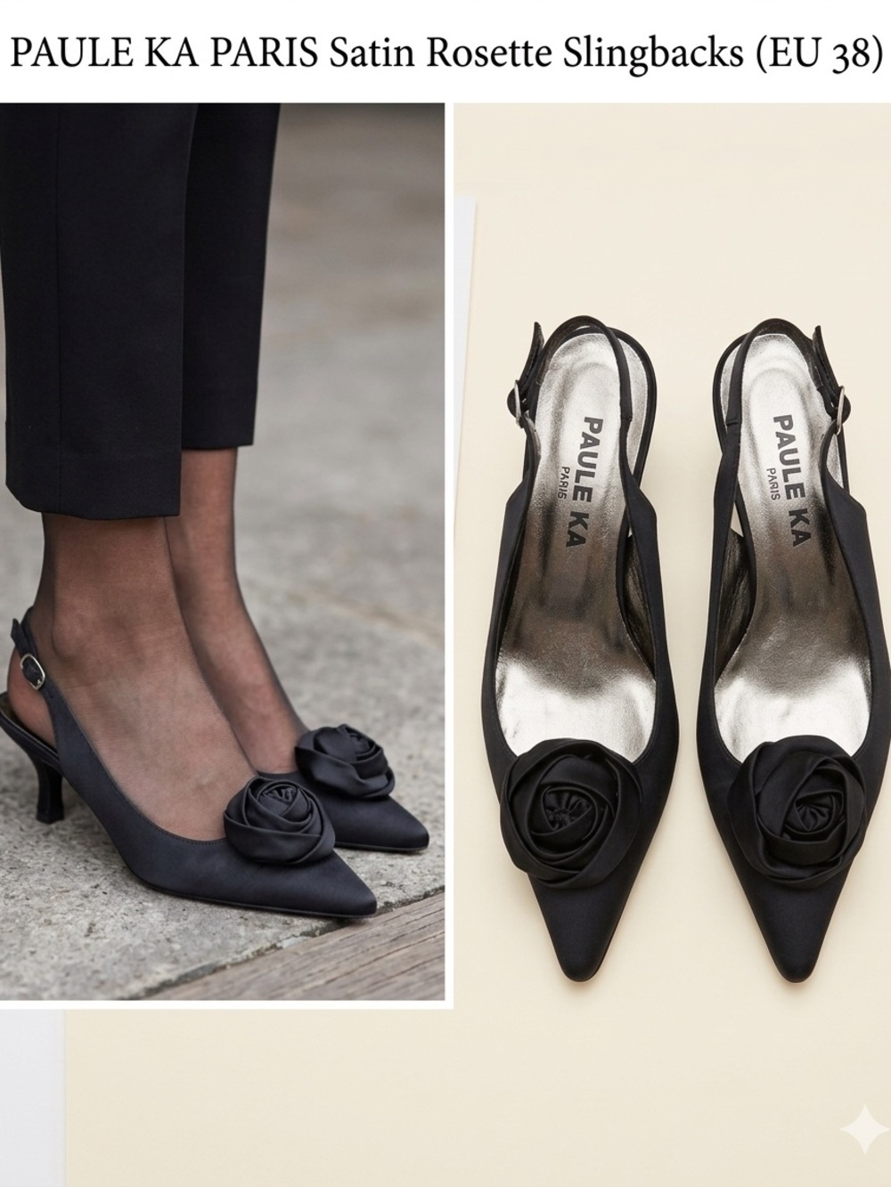 Paule Ka Paris Black Satin Slingback Kitten Heels Rosette Size 38 (US 7.5-8)